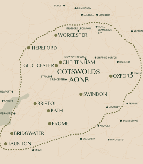Map of Red Kite Hosts holiday let management service area covering the Cotswolds, Cheltenham, Oxford, Bath, Gloucester, Hereford and Worcester